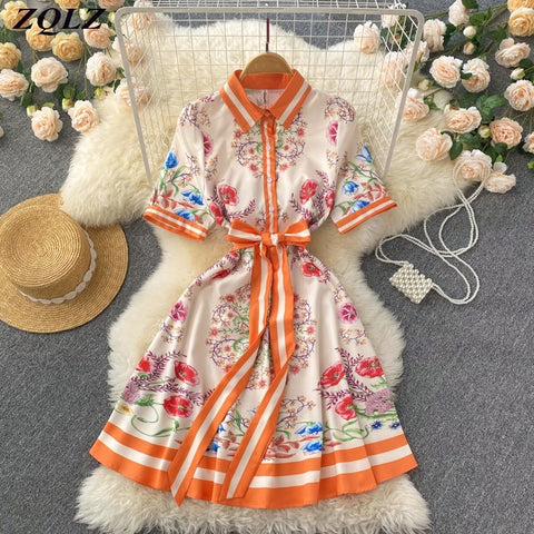 ZQLZ Summer Print Floral Vintage Dress Women 2023 Casual Streetwear Midi Dresses Ladies Bandage Elegant Mini Vestidos Female