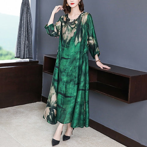 ZUOMAN 2022 Loose Casual Print Mulberry Silk Maxi Dress Spring Summer Vintage 4XL Plus Size Dress Elegant Women Bodycon Party Ve
