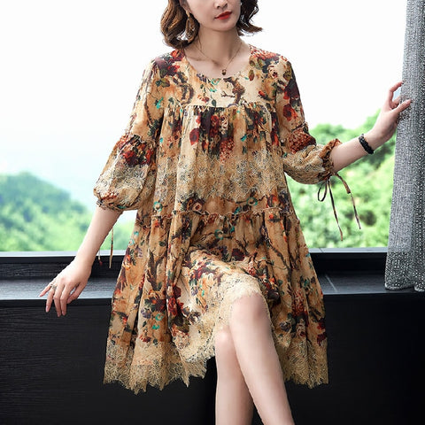 ZUOMAN 2022 Spring Summer Mulberry Silk Midi Dresses 4XL Plus Size Vintage Lace Print Runway Dress Elegant Women Party Vestidos