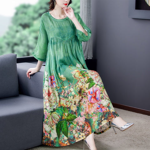 ZUOMAN 5XL Plus Size Loose Mulberry Silk Maxi Sundress 2022 Summer Casual Floral Boho Beach Midi Dresses Elegant Bodycon Party V