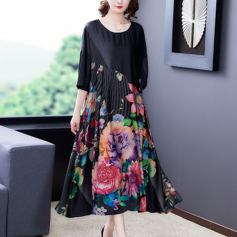 ZUOMAN Loose Casual 4XL Plus Size Mulberry Silk Dress Spring Summer Vintage Black Floral Dress Elegant Women Bodycon Vestidos