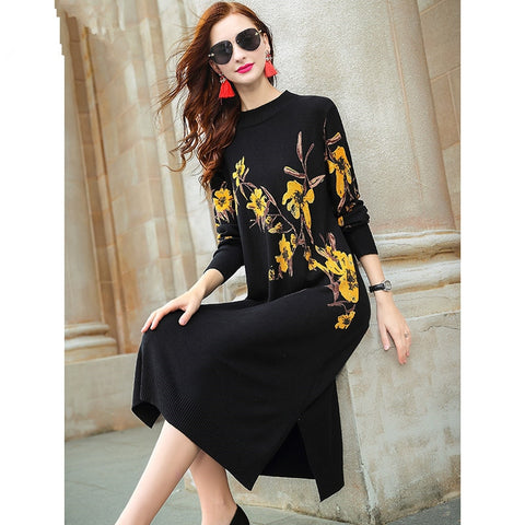 ZUOMAN Winter Vintage Loose Floral Casual Sweater Autumn 3XL Plus Size Black Knitted Sweater Dress Women Elegant Bodycon Pullove