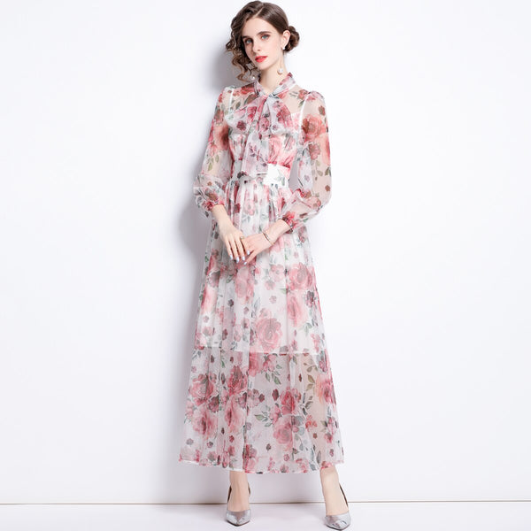 ZUOMAN Women Elegant Floral Chiffon Dress Festa Female High Quality Long Wedding Party Robe Femme Runway Bow Designer Vestidos