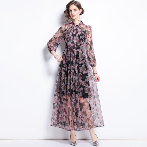 ZUOMAN Women Elegant Floral Chiffon Dress Festa High Quality Long Maxi Vinatge Party Robe Femme Runway Bow Designer Vestidos