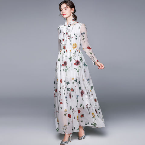 ZUOMAN Women Spring Elegant Floral Dress Festa  Long Maxi White Party Robe Femme Vintage Designer Chiffon Vestidos