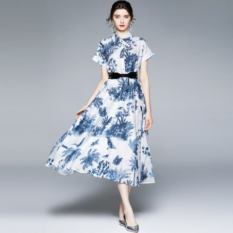 ZUOMAN Women Summer Elegant Dress Shirt High Quality Long Office Party Robe Femme Vintage A-Line Designer Casual Blue Vestidos