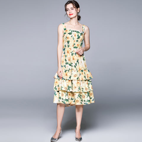 ZUOMAN Women Summer Elegant Floral Dress Festa  Long Yellow Party Robe Femme Vintage Ruffle Designer Vestidos