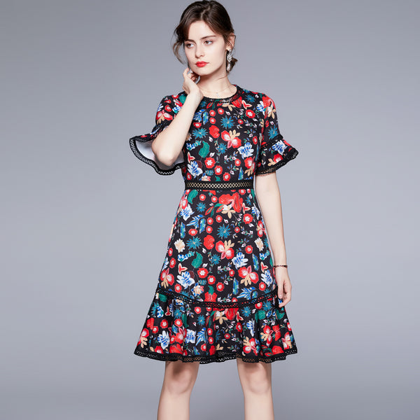 ZUOMAN Women Summer Floral Dress Festa Female  Elegant Trumpet Party Robe Femme Vintage Designer Short Vestidos