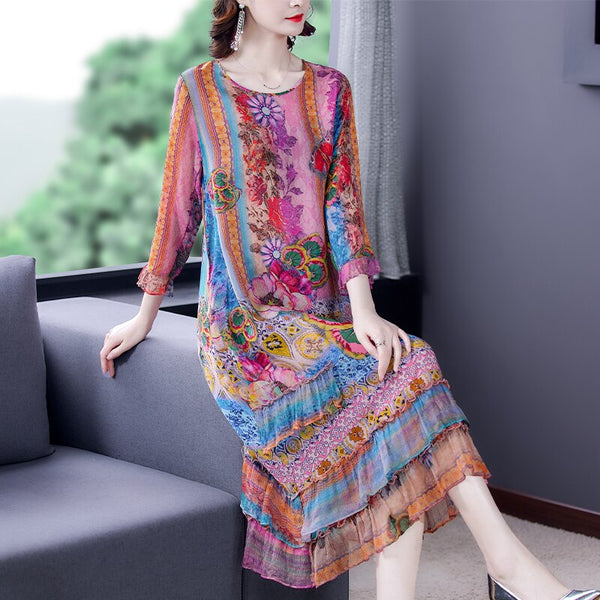 ZUOMANBoho Floral Mulbery Silk Beach Midi Dresses Summer Print 4XL Plus Size Loose Sundress Women Elegant Bodycon Party Vestidos