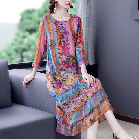 ZUOMANBoho Floral Mulbery Silk Beach Midi Dresses Summer Print 4XL Plus Size Loose Sundress Women Elegant Bodycon Party Vestidos