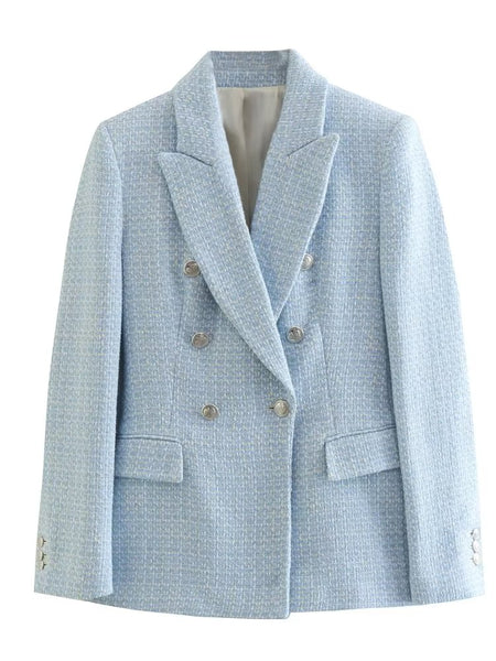 ZXQJ 2023 Women Tweed Double Breasted Casual Blazer Coat Vintage Long Sleeve Patch Pockets Female Outerwear