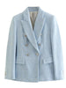 ZXQJ 2023 Women Tweed Double Breasted Casual Blazer Coat Vintage Long Sleeve Patch Pockets Female Outerwear
