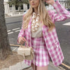 ZXQJ Patchwork Women Pink Plaid Skirts Suits 2022 Summer Ladies Soft Cotton Two Piece Set Vintage Girls Chic Suit Cute