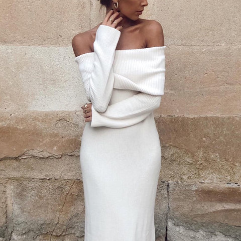 ZXQJ Vintage Women Elegant Off The Shouder Bomb Knitted Long Dresses 2023 Spring Ladies Slim Chic Dress Female Stylish