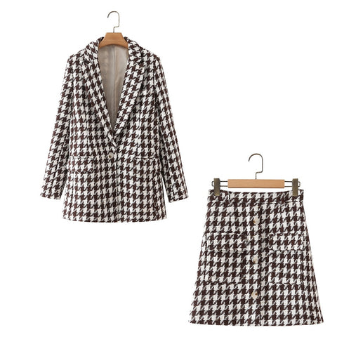 ZXQJ Vintage Women Houndstooth Brown Tweed Skirts Suits 2023 Summer Ladies Streetwear Two Piece Sets Girls Casual Sets