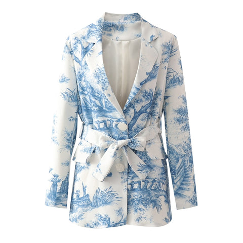 ZXQJ elegant women blue and white printing blazer 2022 ladies Chinese style suits casual female sashes blazer chic girls