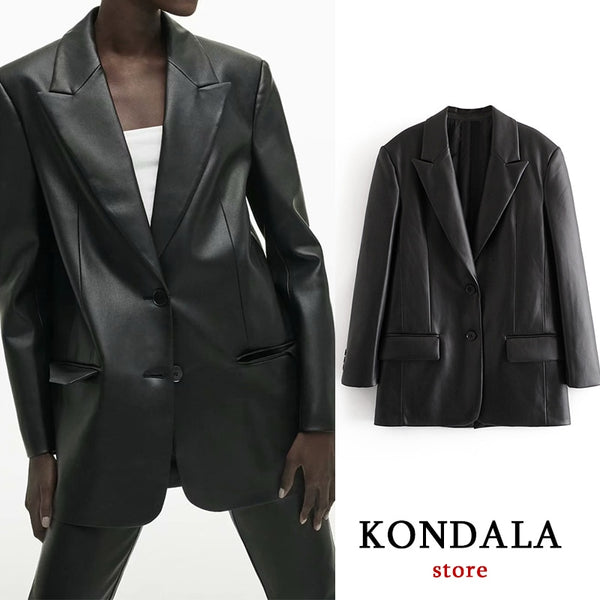 Za 2023 Chic Black Office Lady PU Oversized Long Women Blazer Long Sleeve V Neck Pockets Leather Vintage Jackets Bussiness Wear