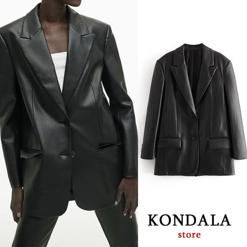 Za 2023 Chic Black Office Lady PU Oversized Long Women Blazer Long Sleeve V Neck Pockets Leather Vintage Jackets Bussiness Wear