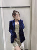 Za 2023 Chic Vintage Dark Blue Velvet Blazer Autumn Pockets Women Outwear Office Lady Long Sleeve Elegant CCasual Coat