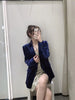 Za 2023 Chic Vintage Dark Blue Velvet Blazer Autumn Pockets Women Outwear Office Lady Long Sleeve Elegant CCasual Coat