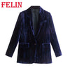 Za 2023 Chic Vintage Dark Blue Velvet Blazer Autumn Pockets Women Outwear Office Lady Long Sleeve Elegant CCasual Coat