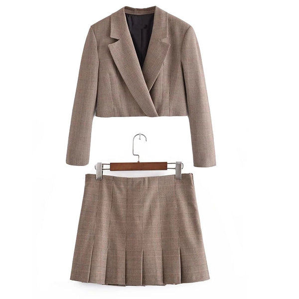 Za 2022 Cropped Brown Set Female Suit Skirt Blazer Woman Two Pieces Set Office High Waist Pleated Women Skirt Blazer Suit Set
