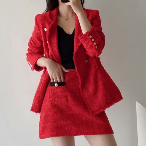 Za 2022 Red Plaid Two Piece Set Women Long Sleeve Double Breasted Blazer With High Waist A-Line Mini Skirts BB1879