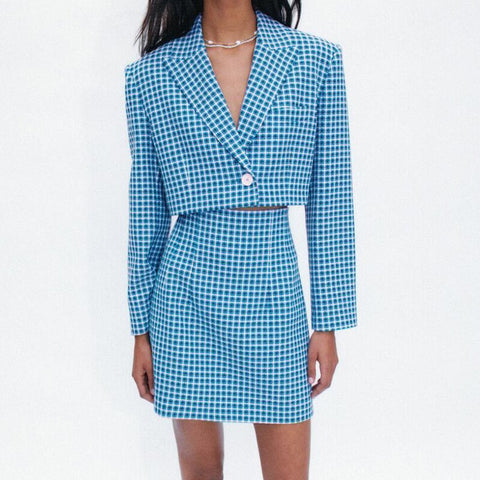 Za 2022 Women' Set Blue Plaid Cropped Blazer Skirt Set Long Sleeve Tops And High Waist Skirt Chic Female Suit