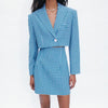 Za 2022 Women' Set Blue Plaid Cropped Blazer Skirt Set Long Sleeve Tops And High Waist Skirt Chic Female Suit