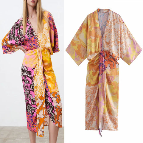 Za 2022 Print Midi Dresses Women  Applique V-neck Short Sleeve Sundress Vintage Pleat Elastic Waist Slit Hem Female Dress