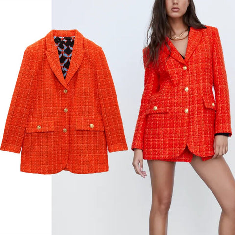 Za 2022 Vintage Print Fitted Blazer Women Long Sleeve Buttoned Orange Blazers Coat Front Pockets Female Casual Outerwear