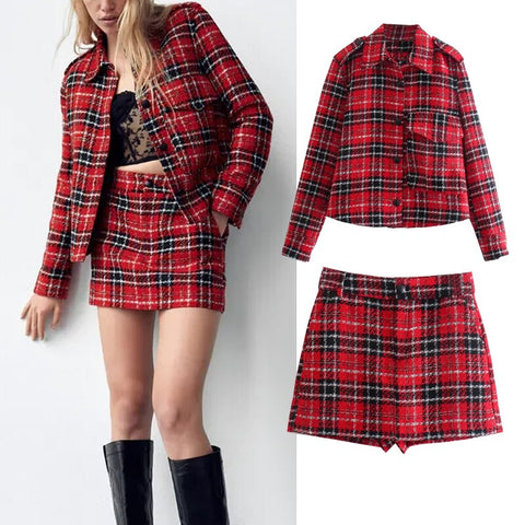 Za 2023 Women Retro Plaid Printed 2-piece Set Autumn Office Blazer Jacket High Waist Mini Skirt Set Casual Women Suits