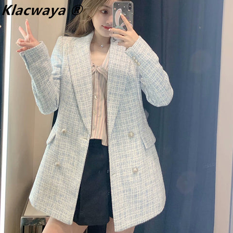 Za 2023 Women Suit Jacket Tweed Blazer Women Jacket Femme Plaszcz Wiosenny Damski Sobrecamisa Cuadros Plaid Checkered Blazer