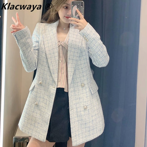 Za 2022 Women Suit Jacket Tweed Blazer Women Jacket Femme Plaszcz Wiosenny Damski Sobrecamisa Cuadros Plaid Checkered Blazer