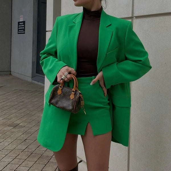 Za 2023 Women's Suits With Skirt Green Straight Blazer Set 2 Pieces Skirt Mini Midwaist Slit High Street Casual Chic