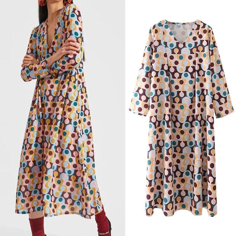 Za 2022 Women's Summer Long Dress  Long sleeve Printing V-neck Loose Midi Dresses Casual Robe Female Clothing
