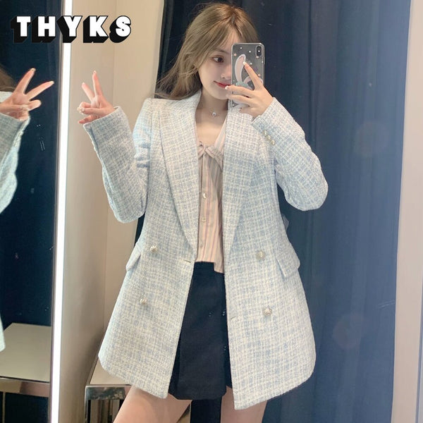 Za 2023 Women Suit Jacket Tweed Blazer Women Jacket Femme Plaszcz Wiosenny Damski Sobrecamisa Cuadros Plaid Checkered Blazer
