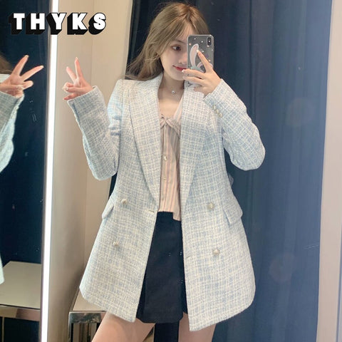 Za 2023 Women Suit Jacket Tweed Blazer Women Jacket Femme Plaszcz Wiosenny Damski Sobrecamisa Cuadros Plaid Checkered Blazer