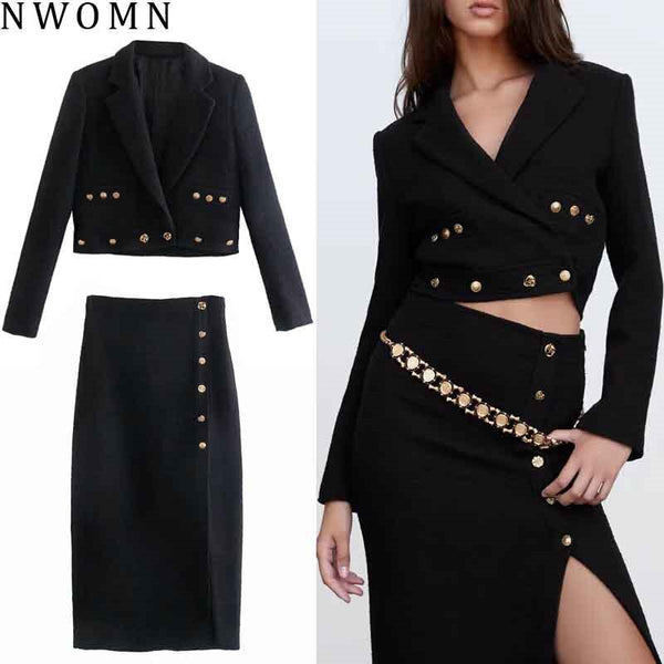 Za Black Tweed Suit Female Skirt Autumn 2023 Cropped Blazer Set Woman Skirt 2 Pieces Chic Double Breasted Office Busines Set
