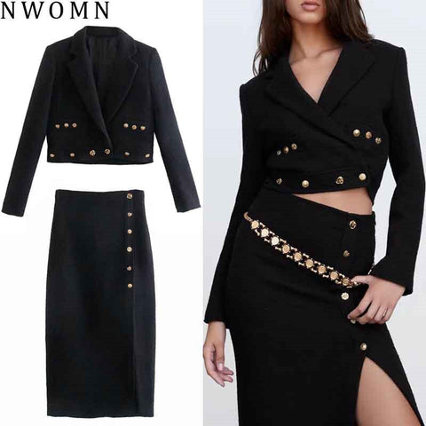 Za Black Tweed Suit Female Skirt Autumn 2023 Cropped Blazer Set Woman Skirt 2 Pieces Chic Double Breasted Office Busines Set