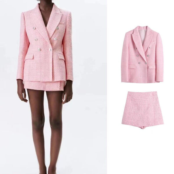 Za  Chic Pink Blazer Office Lady 2023 Plaid Oversized Long Jackets Women Long Sleeve Double Button Pockets Tops