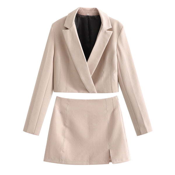 Za European and American style spring and autumn 2022 women's short small suit jacket slit mini skirt set