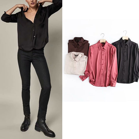Za 2023 Women's Shirt Silk Office Lady Chic Blouse Long Sleeve Stain Turn Down Collar Button Shirts Elegant Mujer Tops