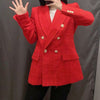 Za Simple Red Plaid Tweed Notched England Style Fitted Blazers Female Casual pockets double-breasted Retro Coats Mujer