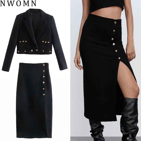Za Set Woman Skirt Black Elegant Sets Long Skirt Female Suit Autumn 2023 Short Blazer Women Tweed Skirts Chic Button Slit Skirts