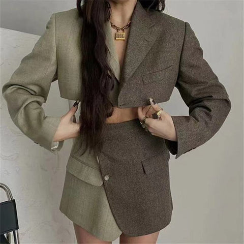 Za Sexy One Button Women Short Blazer Cropped High Waist Irregular Cross Slit Mini Skirt Brown Long Sleeve Suits 2 Pieces Sets