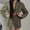 Za Sexy One Button Women Short Blazer Cropped High Waist Irregular Cross Slit Mini Skirt Brown Long Sleeve Suits 2 Pieces Sets