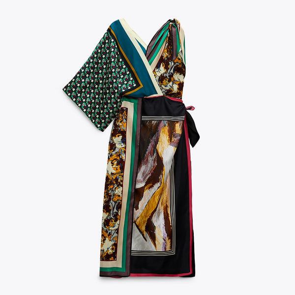 Za Vintage Print Dress 2022 Women Midi Dress Summer Elegant Chic Irregular Sleeve Party Dresses Ladies Streetwear Outfits