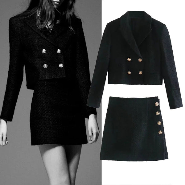 Za Woman Suits With Skirts Sets 2023 Autumn Tweed Office Double breasted Jacket Coat High waist Midi Skirt 2 Piece Set