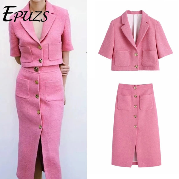 Za Women 2 Piece Set Suit Blazer Vintage Texture Short Sleeve Coat Office Blazer And Elegant High-Waisted Skirt Female